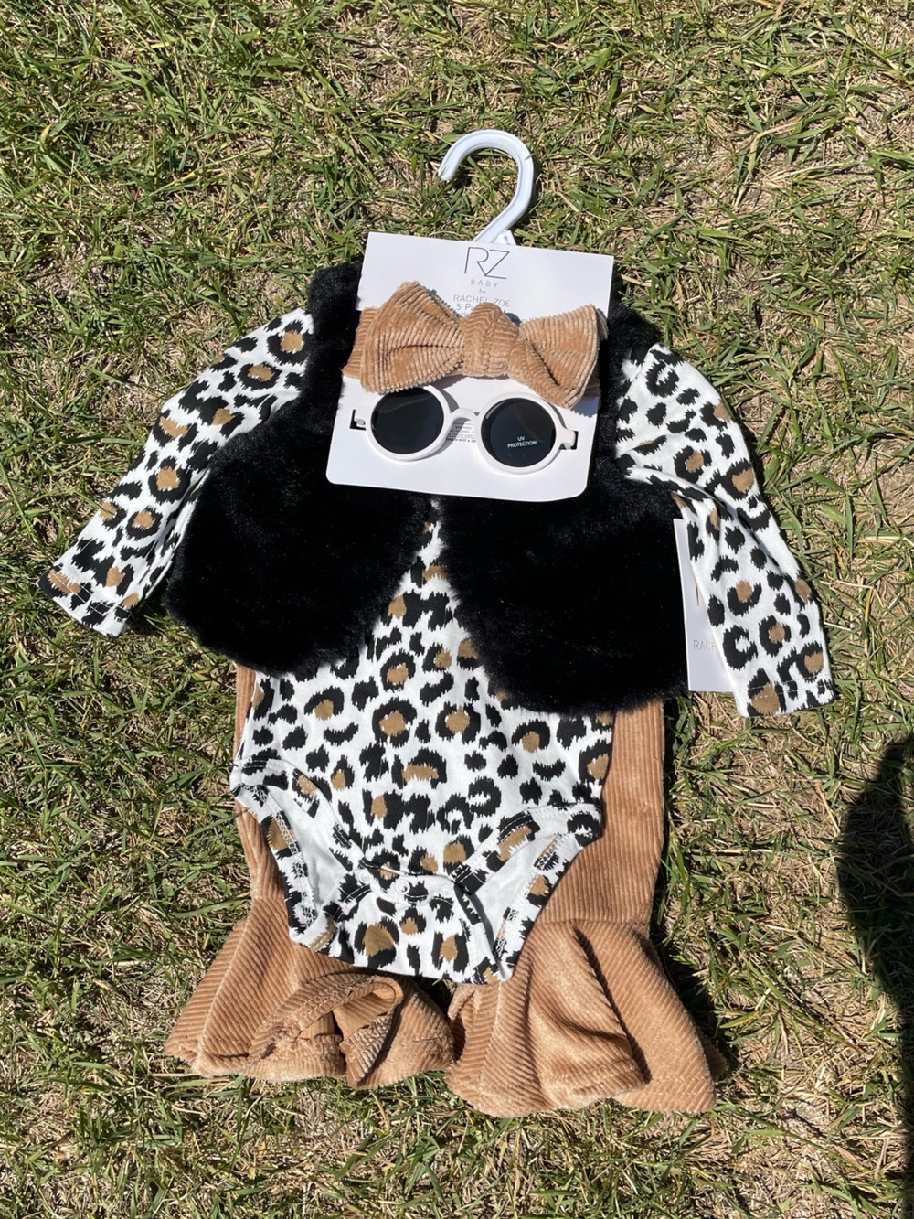 Leopard Print Faux Fur Accent Baby Romper Set with Black Fur Vest
